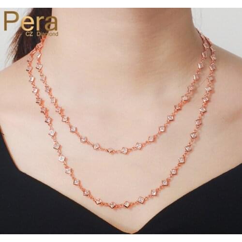 Pera 585 Rose Gold Chain Link Square Cubic Zirconia Layered Choker Long Crystal Sweater Necklace for Women Bohemia Jewelry P019