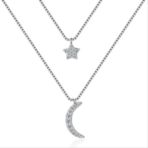 Top Qaulity 925 Sterling Silver Necklace For Women Jewelry Charm Zircon Moon Star Pendant Necklace Double Layer Accessories Girl