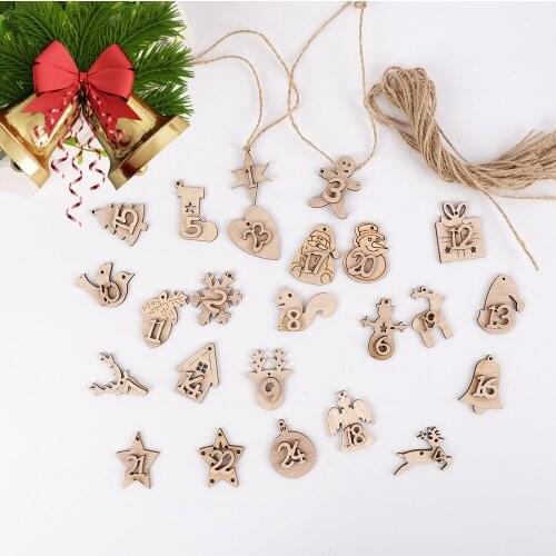 24pcs/set Christmas Advent Calendar Countdown Hanging Tags Wooden Pendant Xmas Gift Bags Number Label Biscuit Package