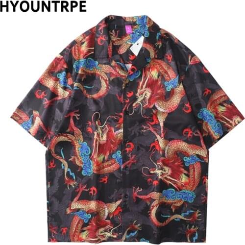 Mens Chinese Dragon Printed Shirts Casual Button Up Vintage Tops Shirt Hip Hop Loose Harajuku Streetwear Hawaiian Beach Shirt