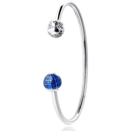 Silver and Blue Earth Open Bracelet Genuine 925 Sterling Silver Bangles Female Jewelry for Women DIY Making Pulseras Wholesale