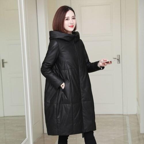 Loose PU Leather Parkas Women Fashion Hooded Faux Leather Coats Women Elegant Solid Zipper Cotton Jackets Female Ladies X8