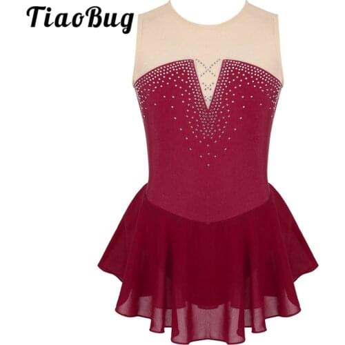 TiaoBug Kids Girls Rhinestones Mesh Dance Wear Ballet Gymnastics Leotards Figure Skating Dress Competition Performance Costume