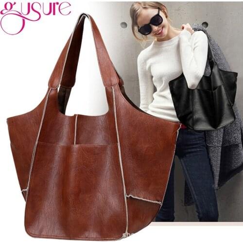 Gusure Womens Large Capacity PU Leather Satchel Handbag Travel Shoulder Totes Female Casual Shopping Purse Retro Hobos Bags sac