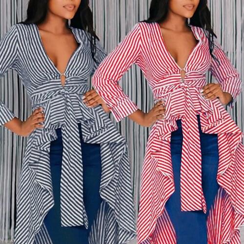 Kayotuas Women Blouse Fashion Long Sleeve Shirs Striped Tied Front V-Neck Irregular Tops Autumn Spring Clothes Hot Streetwear