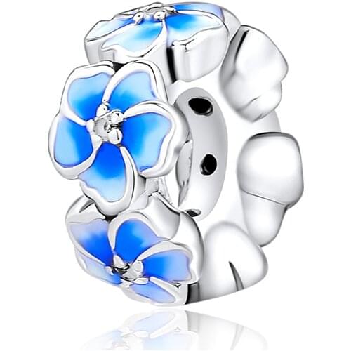 Fandola CKK 100% 925 Sterling-Silver-Jewelry Blue Magnolia Bloom Beads Fit Pandora Charm Snake Chain Bracelets Pale Blue Enamel