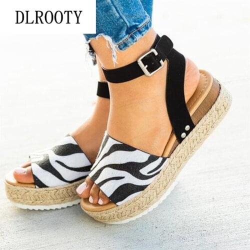 Women Sandals Flats Shoes Summer Fashion Buckle Strap Hemp Wedges Platform Peep Toe Breathable Casual Female Plus Size 35-43