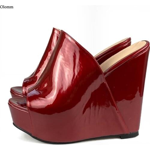 Olomm New Women Platform Mules Sandals Wedges Heel Open Toe Gorgeous Dark Red Black Green Sky-Blue Shoes Women US Plus Size 5-20