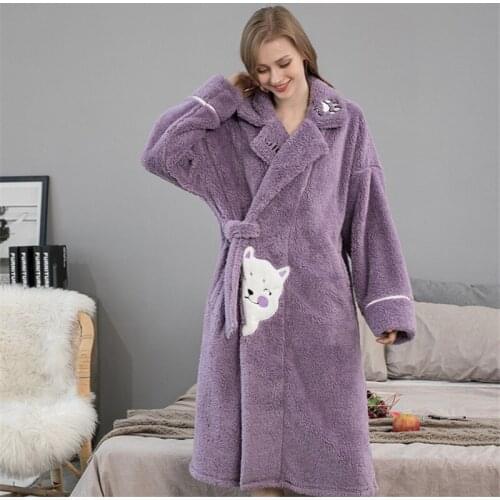 Women Flannel Pajamas Bathrobe Winter Thick Warm Robes Cute Cartoon Sleepwear Oversized Long Homewear Female Purple Home Robe