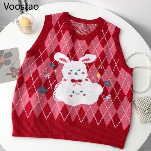 Japanese Sweet Lolita Style Strawberry Rabbit Knitted Vest Girly Cute Bunny Loose JK Sweater Pullovers Women Harajuku Waistcoat