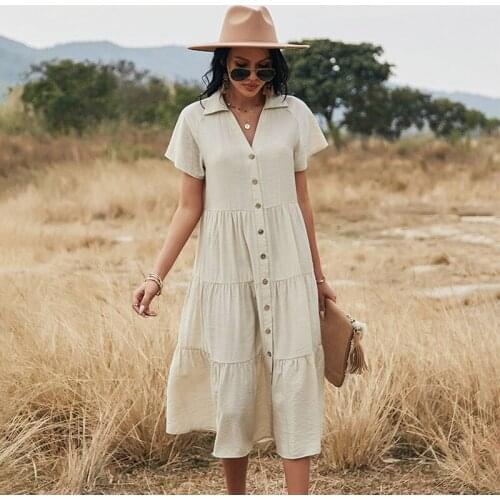 Spring New Single Breasted Solid Dress Women 2021 Casual V Neck Summer Dress Ladies Holiday Style High Waist A Line Dresses