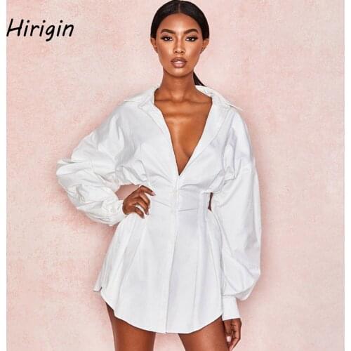 2020 summer Women long sleeve Solid Blouse Dress for office lady Lapel Tops Elegant Shirts Flared Swing Skater mini Dress