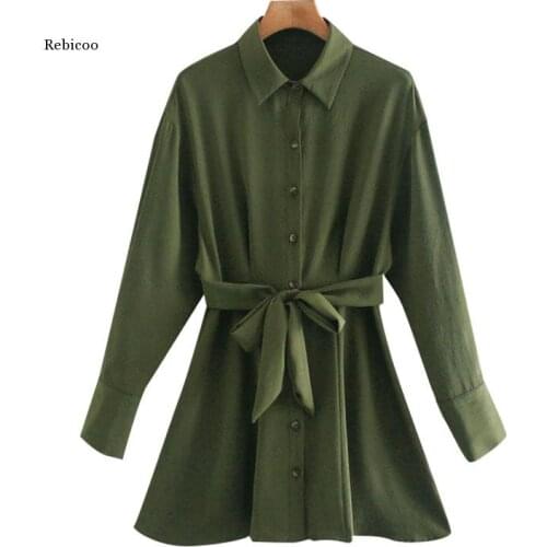 Women 2021 Chic Fashion with Belt Button-Up Mini Shirt Dress Vintage Long Sleeve Elastic Waist Female Dresses