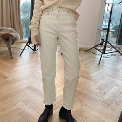 Woman High Waist Wide Leg Jeans White Denim Clothing Vintage Warm Quality 2020 Winter Fashion Pants Retro Trousers