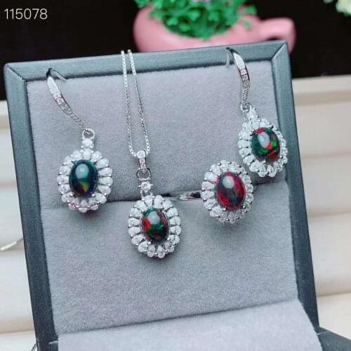 100% ETHIOPIAN natural Black opal OPAL 925 silver Ring Pendant Earring Set