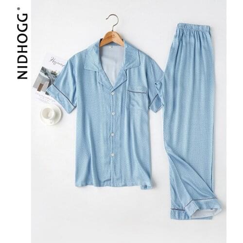 2020 Men Satin Blue Pajamas Short-Sleeved Pants Cardigan Luxury Men Clothing Turn-down Collar Satin Pyjamas Mens Sleepwear