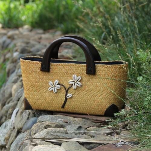 30x16CM Rattan Bag Original Chinese Style Features Handmade Old Straw Bag Rattan Woven Wooden Handle Retro Handbag a6107