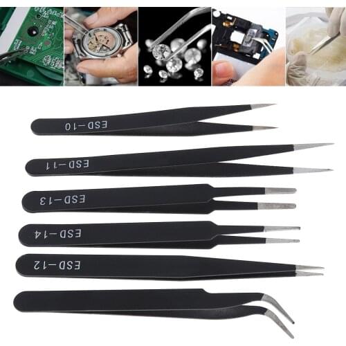 6PCS Stainless Steel ESD Tweezers 1.5MM Anti Static Fix Repair Tool Kit for Electronics Jewelry Crafts Mobile Phone Repair Tool
