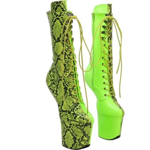 Leecabe Green Snake PU Upper Platform Ankle Boots Sexy Exotic heelless pole dance shoes