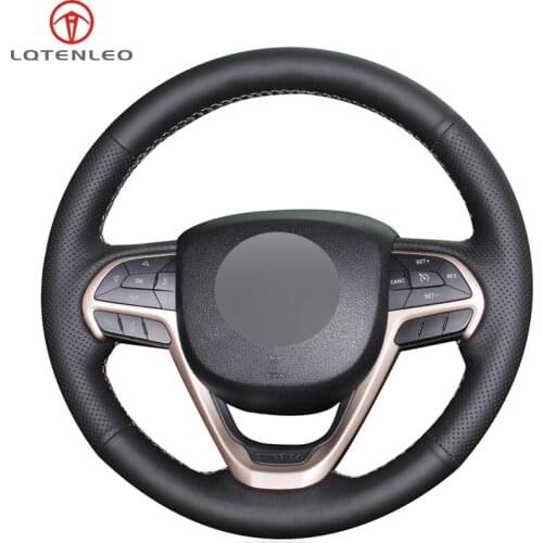 LQTENLEO Black Genuine Leather DIY Hand-stitched Car Steering Wheel Cover For Jeep Grand Cherokee 2014-2019
