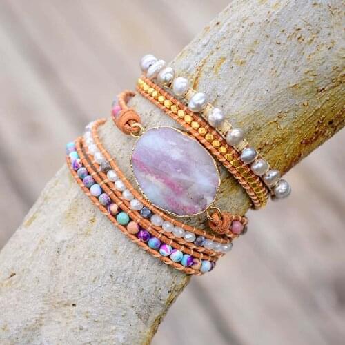 Leather Wrap Bracelets Purple Jasper Wrap Freshwater Pearls Tibetan Beads Bracelet Natural Pearl Jewelry Drop Ship