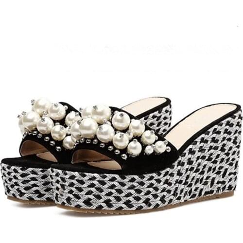 Summer New Hawaiian Style Fashion Pearl Wedge Slippers Joker Shallow Comfortable High Heel Slippers