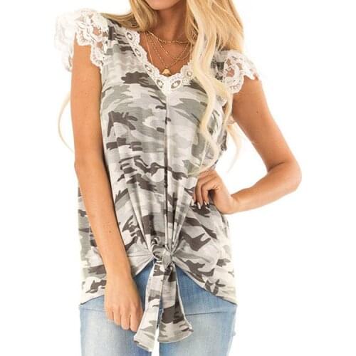 Summer Lady Elegant V Neck Lace Patchwork Camouflage Lace Up Tee Top Women Clothes Casual Slim Fashion Top Female T Shirt