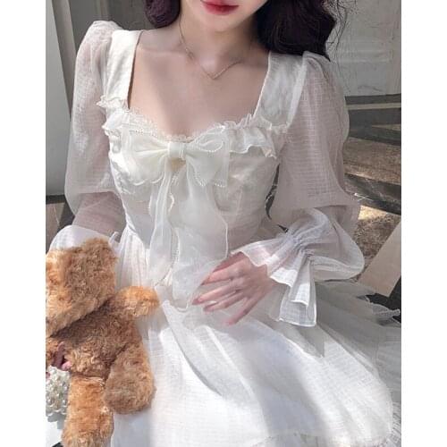 Lolita Kawaii Dress Women Casual Long Sleeve Y2k Mini Dress Korea Fashion Bow Design Evening Party Dress Lady 2021 Autumn Chic