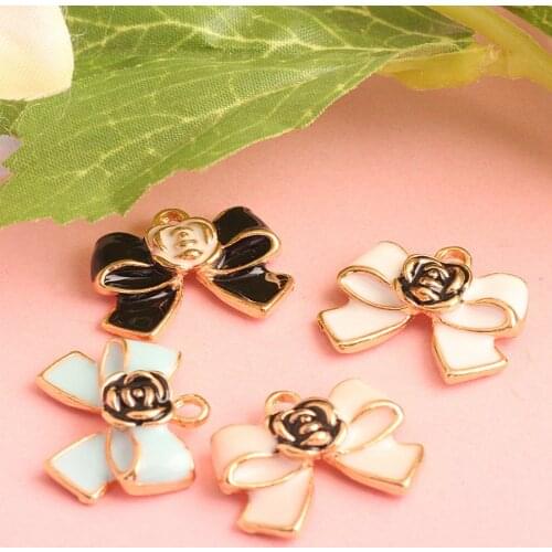 Trendy Alloy Jewelry Charms 20*15MM Gold Tone Oil Drop Rose Flower Ribbon Knot Bow Pendant Charms Metal Bracelet Jewelry Charm