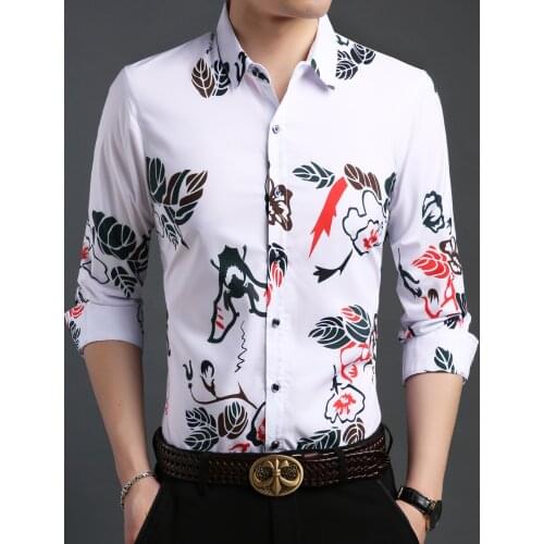 Male Floral Printed Shirt Mens Long Sleeve Clothes Fashion Printing Dress Shirts Free Shipping