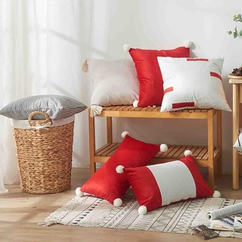 Christmas Hairball Cushion Cover Santa Claus Red White Pillow Case Striped Cotton Decorative Pillowcase for Sofa Car Home Decor