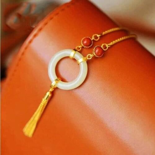 New S925 Sterling Silver Gilding Hetian Jade White Jade Peace Buckle Southern Red Agate Necklace Female Gift for Wife Qixi