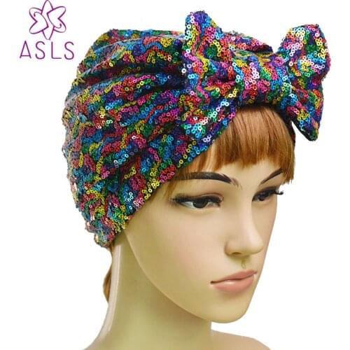 New Fashion Elegant Women Butterfly bow Sequins headscarf wrap head turban soft knotted turban Beanie Cap Turbante for ladies