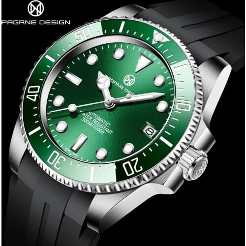 PAGRNE DESIGN Top Brand Men Diving Watch 300M Automatic Waterproof Watch Sapphire Glass Stainless Steel Mechanical Mens Watch