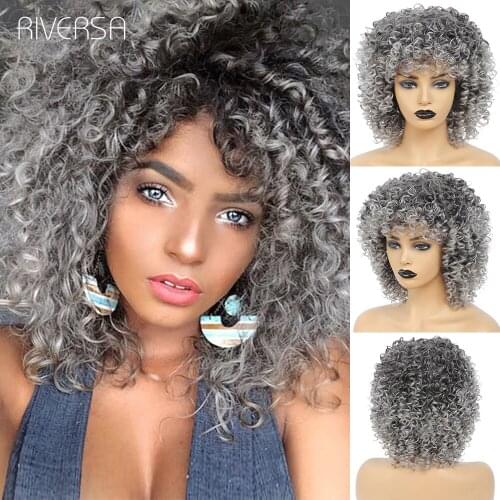 Synthetic Wigs Afro Kinky Curly Fiber Natural Hair Ombre T2-Gray Color Frizzy Wig Heat Resistant Cosplay Wigs For Woman cheveux