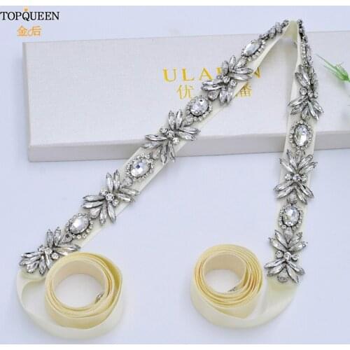 TOPQUEEN S292 Luxury Crystal Belt Rhinestone Ribbon Belt the Bride Wedding Belt Dress Belt Bridal Belt with Matching Hair Piece