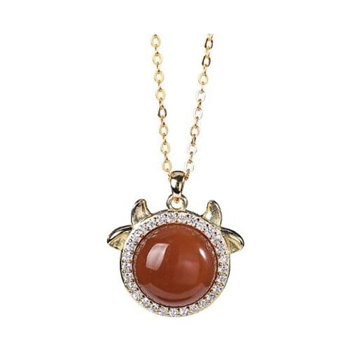 S925 sterling silver gold plated southern red agate cute cow Chinese zodiac cow birth year ladies clavicle chain pendant