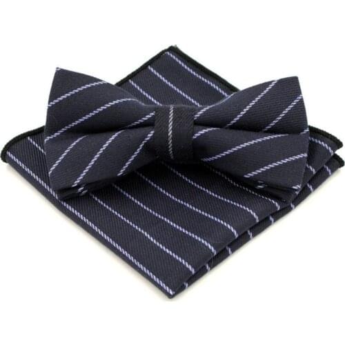 Navy Blue Striped Gentlemans Adjustable Leisure Bowtie Hanky Set Cravat Handkerchief Butterfly Pocket Square