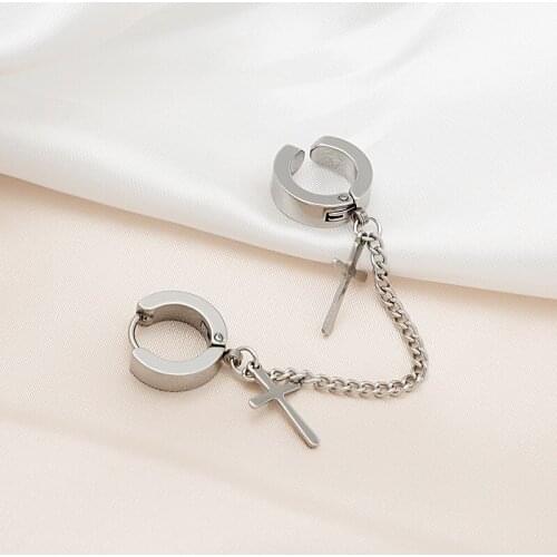 VSnow Street Style Stainless Steel Cross Chain Clip Earrings for Women Girls Statement Metal Tassel Earring Jewelry Pendientes