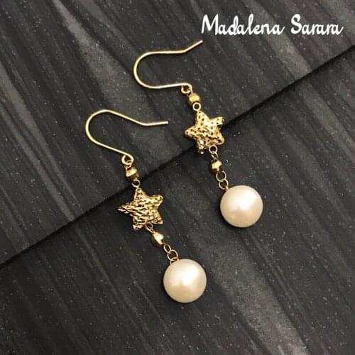 MADALENA SARARA 7-8mm Freshwater Pearl Earrings Dangle Star 18K Gold Natural White Pearl Women Earrings Perfectly Round