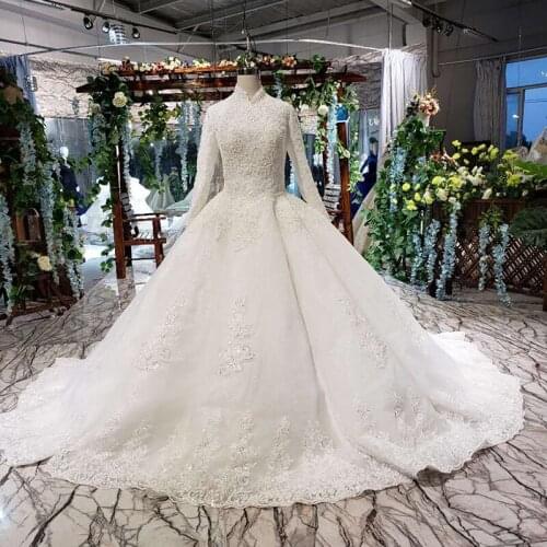 BGW HT42326 Wedding Dress 2020 Muslim Bridal Dresses Lace Bead High Neck Lace Up Back Long Sleeve Wedding Gown Vestido De Noiva