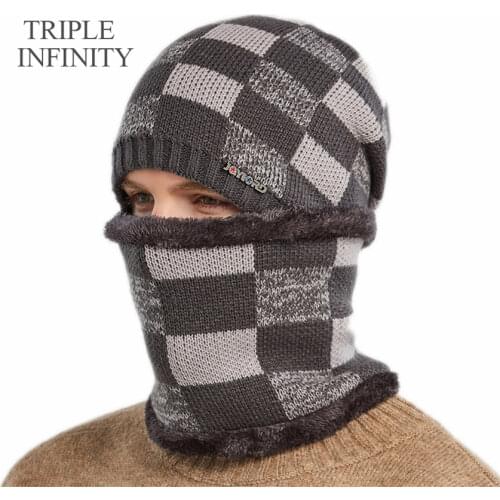 TRIPLE INFINITY Men Winter Knitted Hat Cold Weather Warm Cap Scarf Solid Color Windproof Ear-protection Beanie Hat Bonnet New