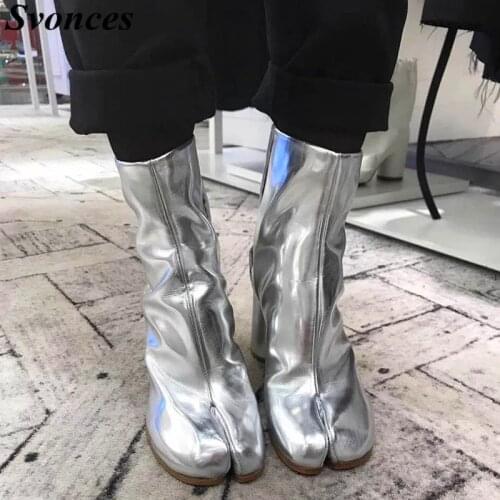 Svonces Stylish Tabi Split-toe Leather Ankle Boots Women Chunky Block Heels Genuine Leather Silver Women Booties Botas Feminina