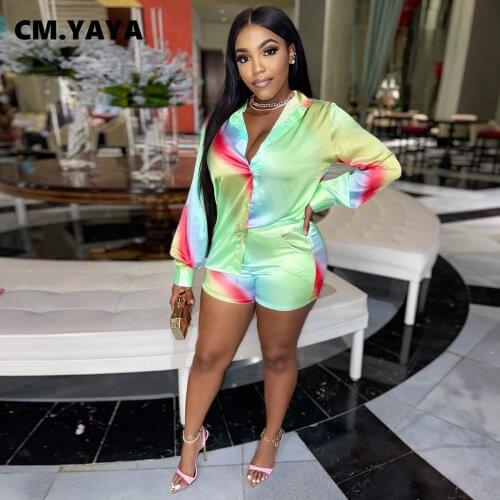 CM.YAYA Women Set Print Full Sleeve Single Breasted Shirts Tops Pockets Shorts Two 2 Piece Sets Active Tracksuit Summer Outfits