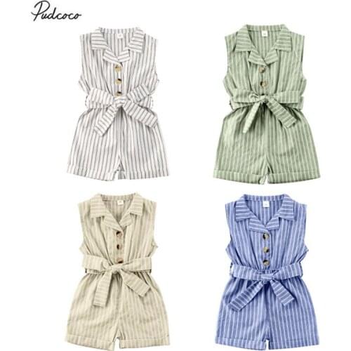 2020 Summer Striped Kids Baby Girls Rompers Sleeveless Button Jumpsuit Playsuit With Belt Toddler Casual Cotton Clothes 1-6Y