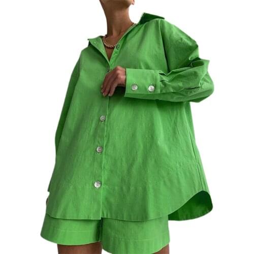 2021 WomenS Casual Lapel Shirt + Shorts Casual Style Loose Version Mini High Waist Design Solid Color Spring Suit Clothing