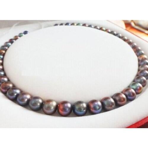 9-10mm natural Tahitian genuine Black redish green mult round pearl pendant necklace shipping free