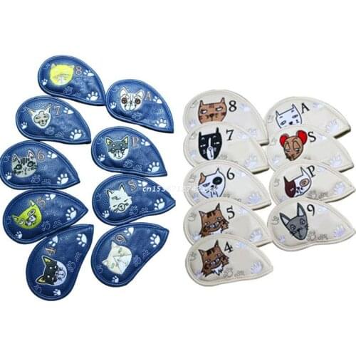 77JE 9 Pcs Portable Golf Club Headcovers Cute Cartoon Cat Pattern PU Waterproof Fairway Hybrid Putter Cover Set Vintage Simple