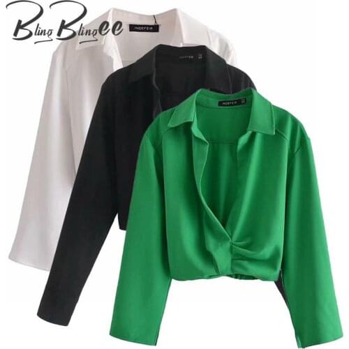 BlingBlingee Casual Blouses 2021 Summer Deep V Wrist Sleeve Ruched Draped Detail Slim Cropped Shirts Woman Tops Green White