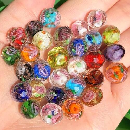 10mm Murano Transparent Faceted Rondelle Colorful Flower Lampwork Crystal Glass Beads for Jewelry Bracelet DIY Making Craft